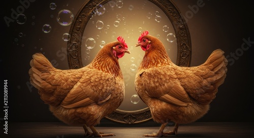 Two brown hens with red combs in front of a mirror and bubbles