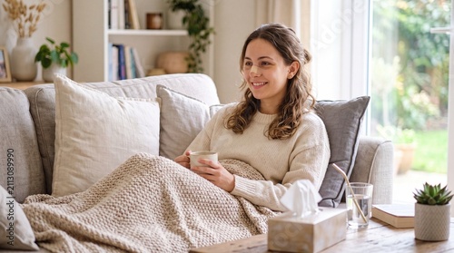 Young woman with bandage on nose relaxing on sofa, covered with blanket, holding cup, recovering after nose surgery, cozy home interior, natural light