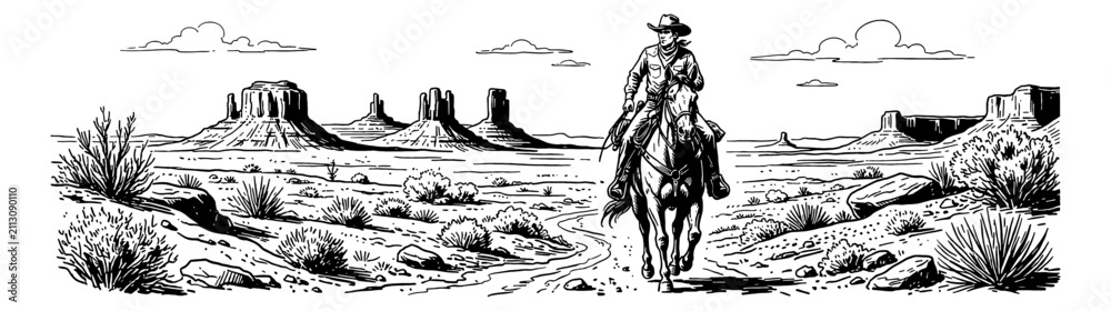 Fototapeta premium Determined American cowboy riding horse on a long journey through a rugged desert landscape vintage illustration