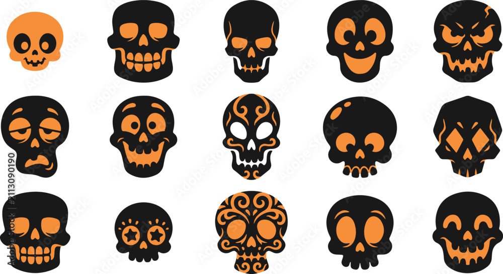 Obraz premium Set of various stylized human skulls with dark artistic patterns and orange accents on a white background