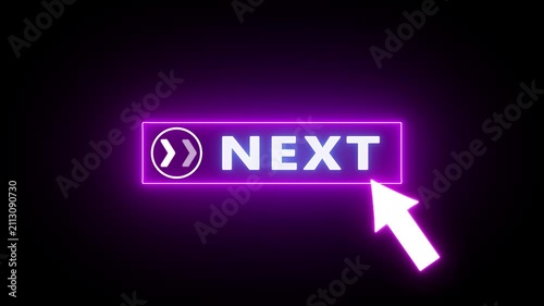 Glowing neon red color white text cursor animation pointing towards next button in looping with transparent background.