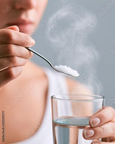 Salt water spoon hand glass steam warm salt person close up health gargle mouth throat care wellness remedy hygiene treatment clear liquid white metal crystal dissolve stir hydration medicine