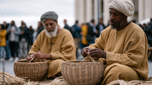 wickerwork artisans weaving baskets at an outdoor autumn craft fair under overcast dramatic sky crowd of onlookers habit tracking visual streak display community craft event