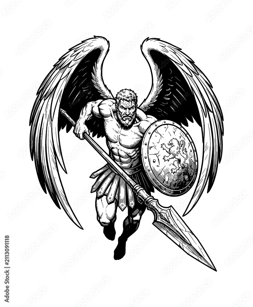 Obraz premium Powerful Bearded Winged Warrior Man Holding Spear and Shield Charging with Intense Expression Black and White