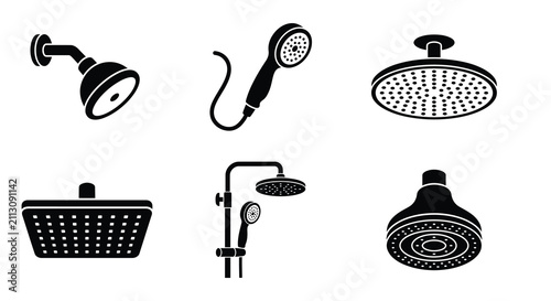 Black Silhouette Of Various Shower Heads And Fixtures