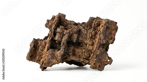 Heavily rusted and corroded metal artifact, possibly a concretion of various iron parts, found on a white background.