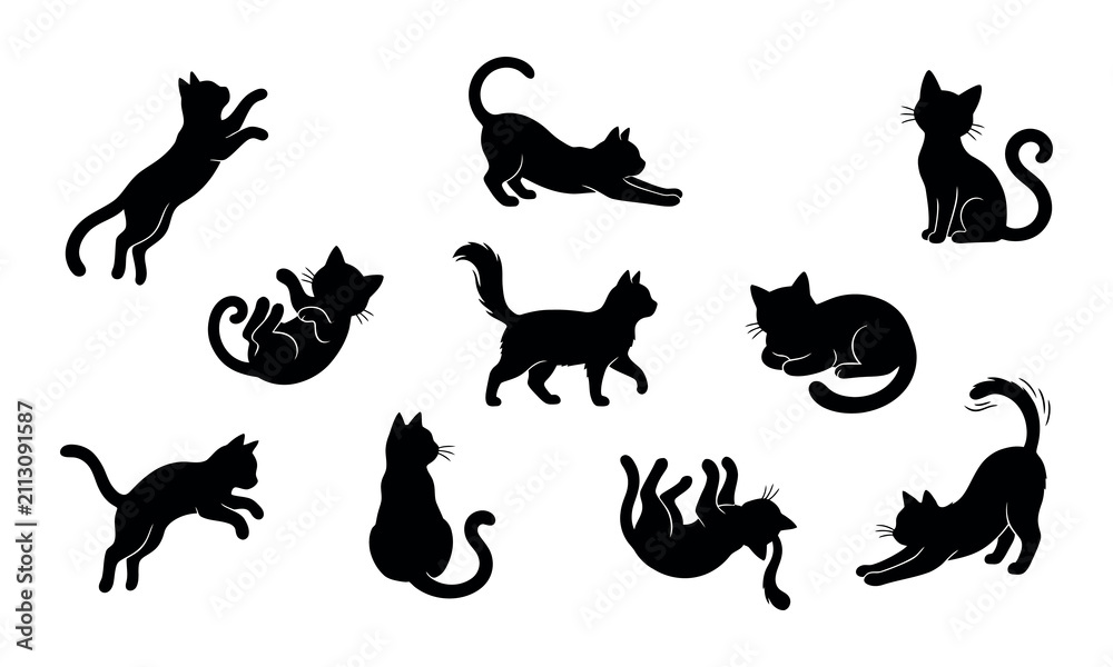 Obraz premium Set of various black cat silhouettes showing dynamic movement and resting poses