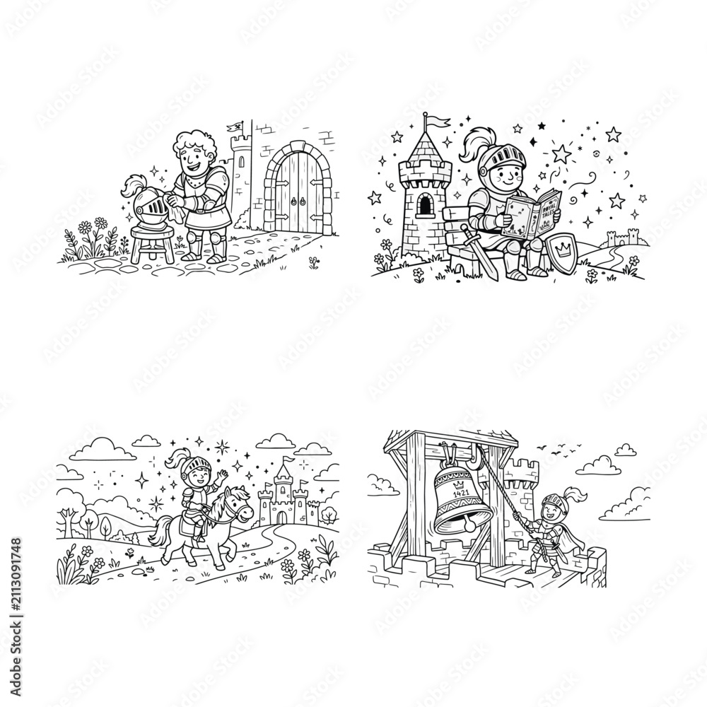 Fototapeta premium Set of four detailed hand drawn sketches depicting various historical and fantasy scenes in black and white