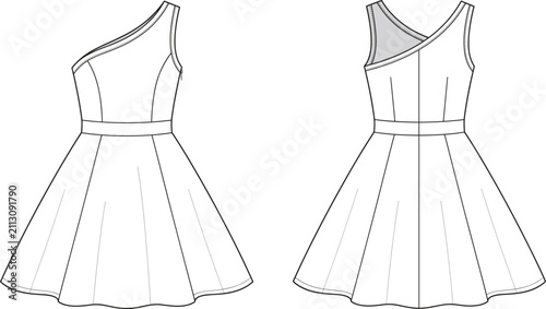 Quadro su tela Technical fashion flat sketch of an elegant one shoulder flare midi dress with w