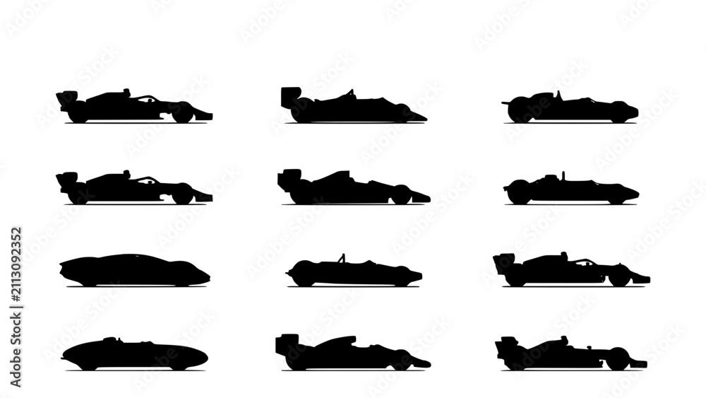 Fototapeta premium Race Cars in Black and White with Different Designs and Styles Featuring Silhouette, Design, Style with Vehicle and Racing