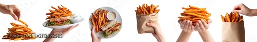 Set of hand holding pile stack group of sweet potato potatoes fries fry, plate with BLT sandwich with range mayo, takeout paper bag, transparent cutout PNG Mockup