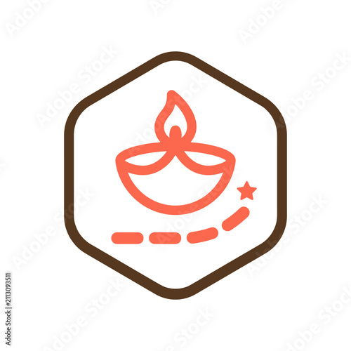 Diya lamp icon in hexagon with dotted line and star for festive celebration and good luck