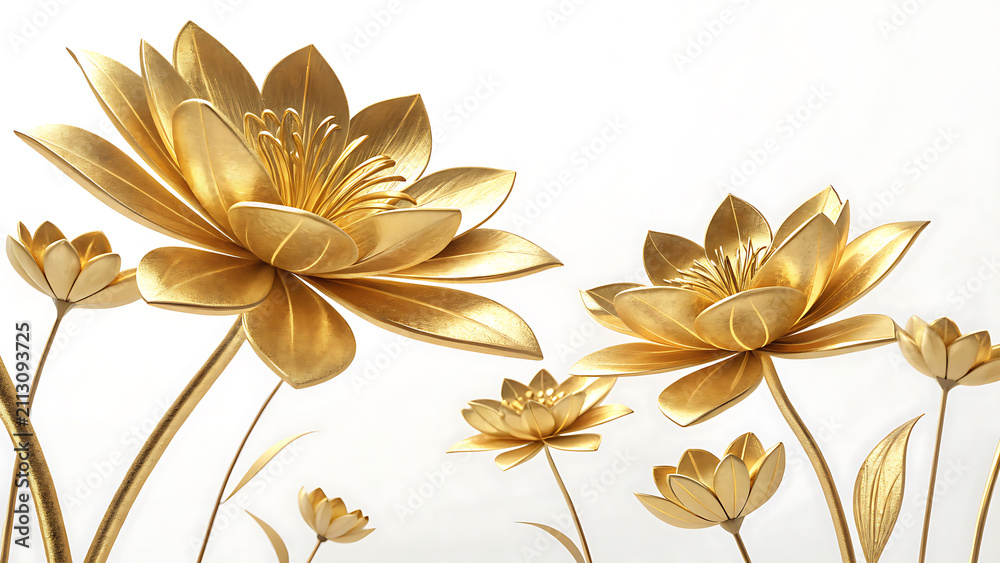 Obraz premium Elegant metallic gold flowers on white background with metallic