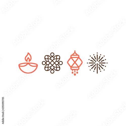 Diwali icons of a diya lamp kolam pattern paper lantern and fireworks during festival celebration