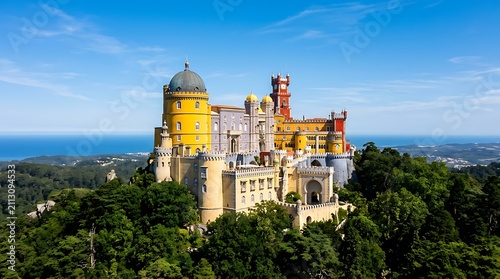 Colorful romanticist palace on a hilltop in sintra portugal