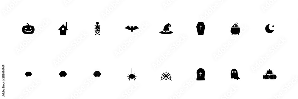 Obraz premium Halloween-Themed Icons and Symbols Arranged in Two Rows Featuring Pumpkin, Witch, Ghost with Bat and Tombstone Elements for Moon