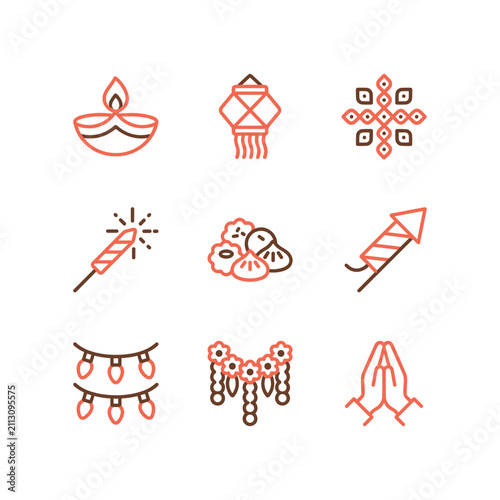 Diwali festival icons with traditional lamps fireworks and prayer hands in warm orange tones