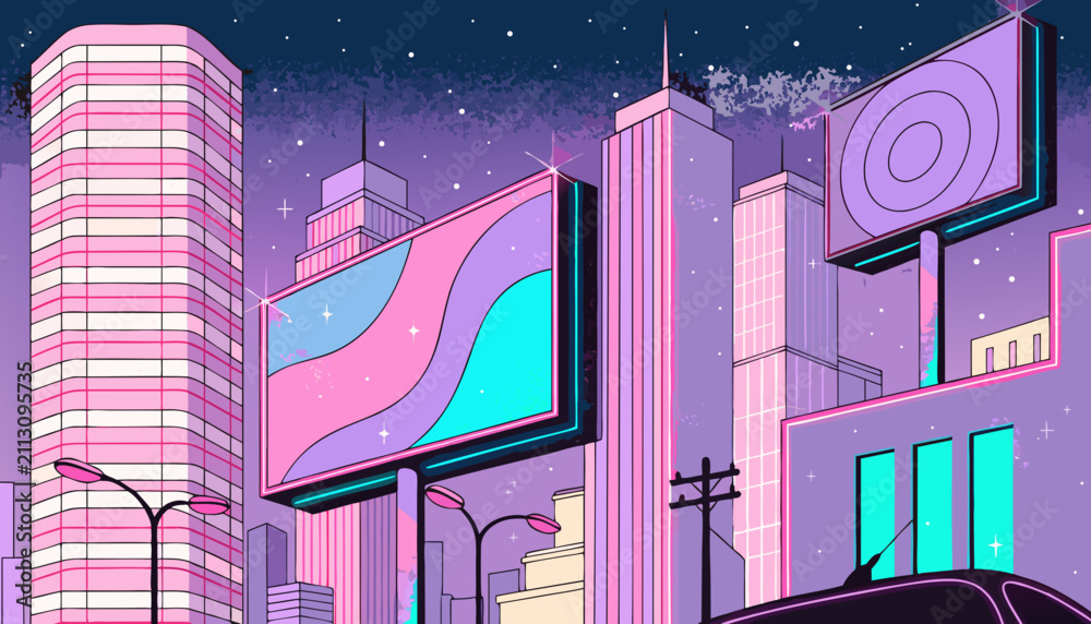 Obraz premium Y2k aesthetic cityscape with neon billboard and skyscraper at night. Retro nineties urban landscape drawing style. Futuristic city view. Vector illustration for poster design.