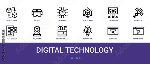Photography Set of 12 outline web Digital Technology icons such as ecommerce, searcher, inno