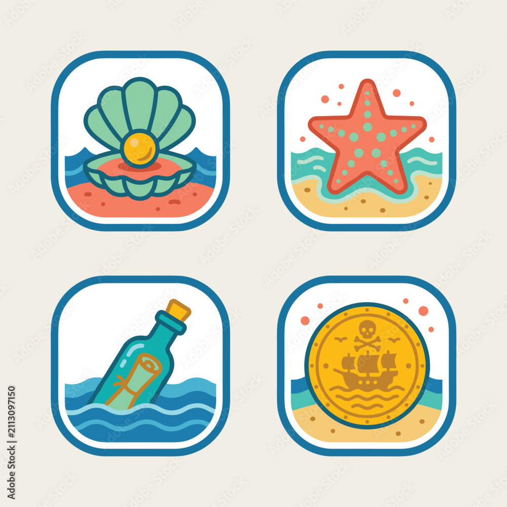 Fototapeta premium Kawaii pirate ocean icon set with shell starfish and coin