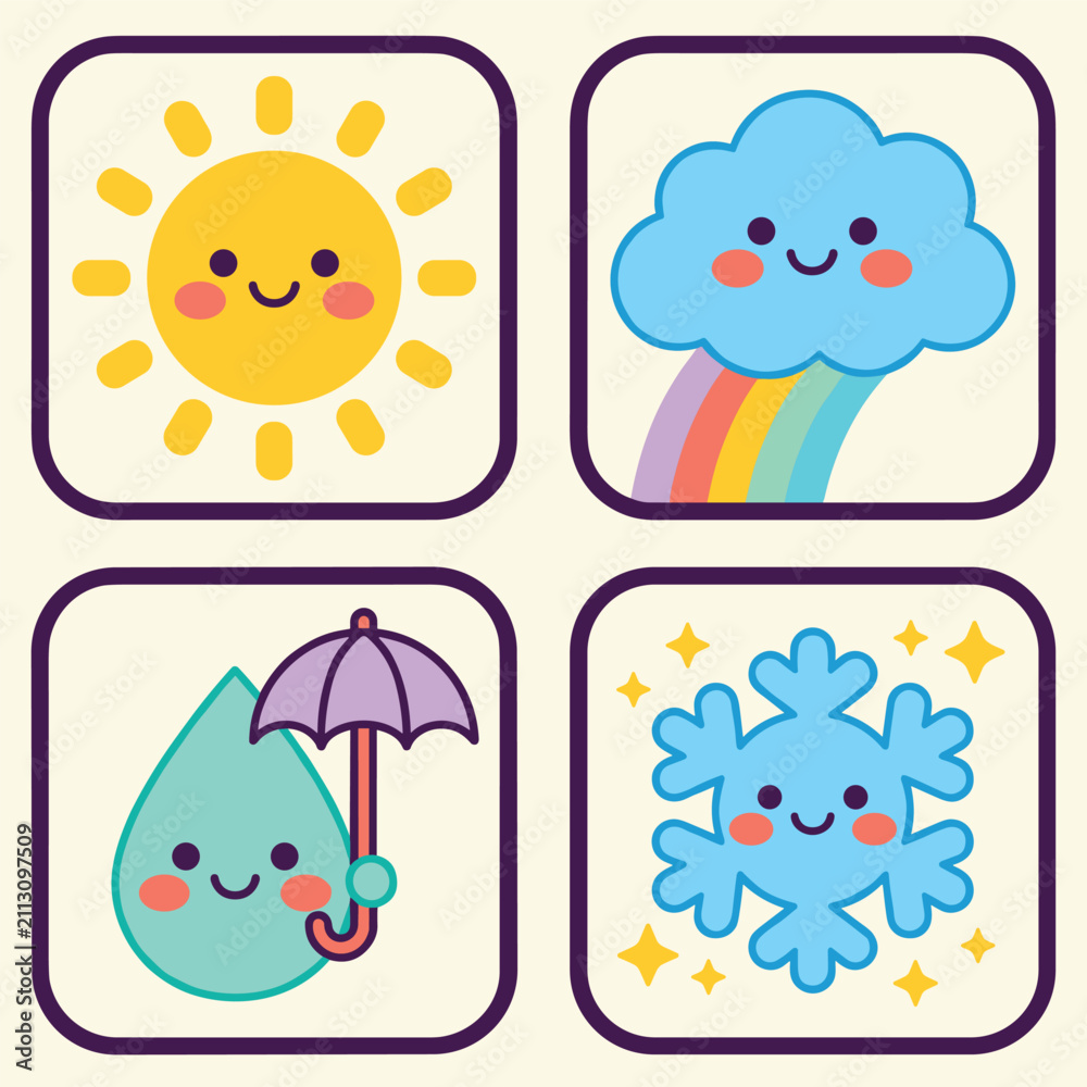 Obraz premium Cute weather forecast sticker icon set with sun and rainbow