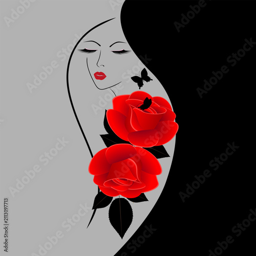 Portrait of a girl with red roses on a gray background with a black stripe..eps