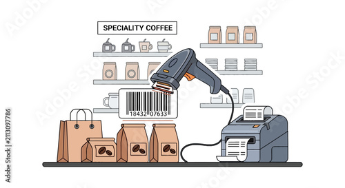 Fotografie Barcode scanner processing specialty coffee shop purchases