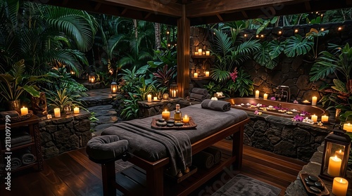 Luxury Tropical Outdoor Spa Retreat with Massage Table and Candlelight