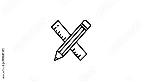 Black line icon showing a crossed pencil and ruler isolated on a white background representing architecture, engineering, and student tools.