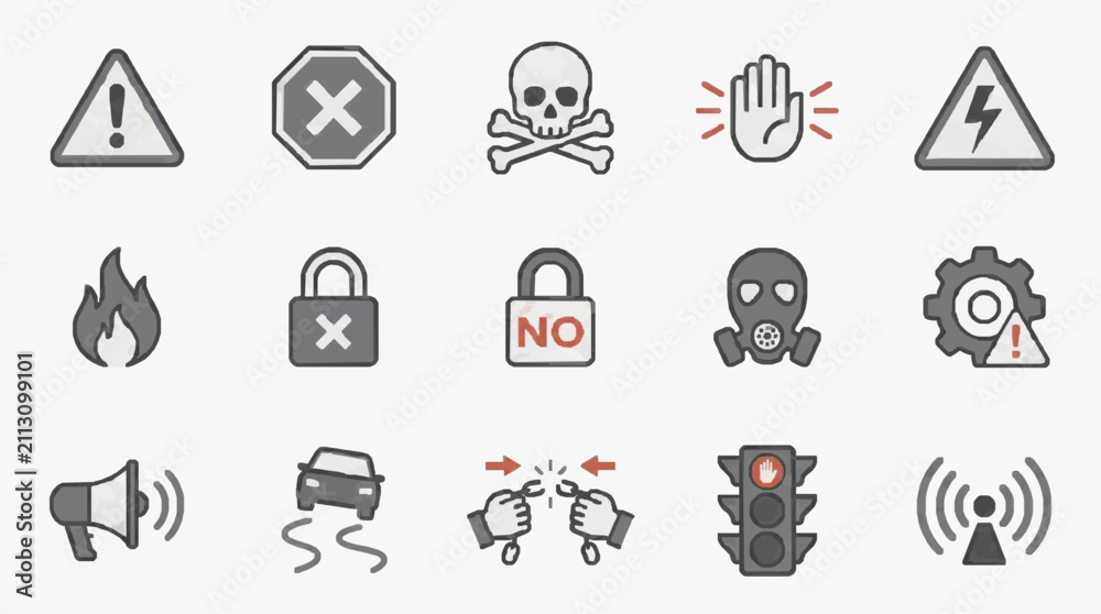 Fototapeta premium Professional Set of 15 Prohibited and Warning Icons in Monochrome and Red Accents for Safety Security and Technology Use