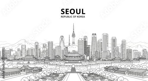 Seoul Skyline Sketch: Traditional Palaces and Modern Architecture - Republic of Korea
