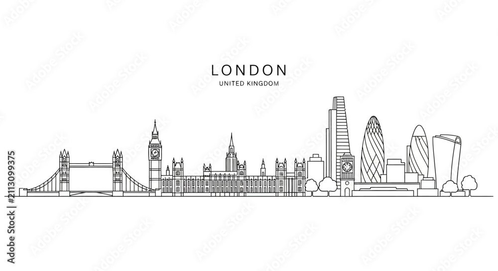Obraz premium London Skyline Outline Art, Famous Landmarks, England, UK