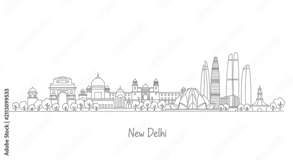 Obraz premium New Delhi skyline outline in black and white, iconic landmarks and modern architecture