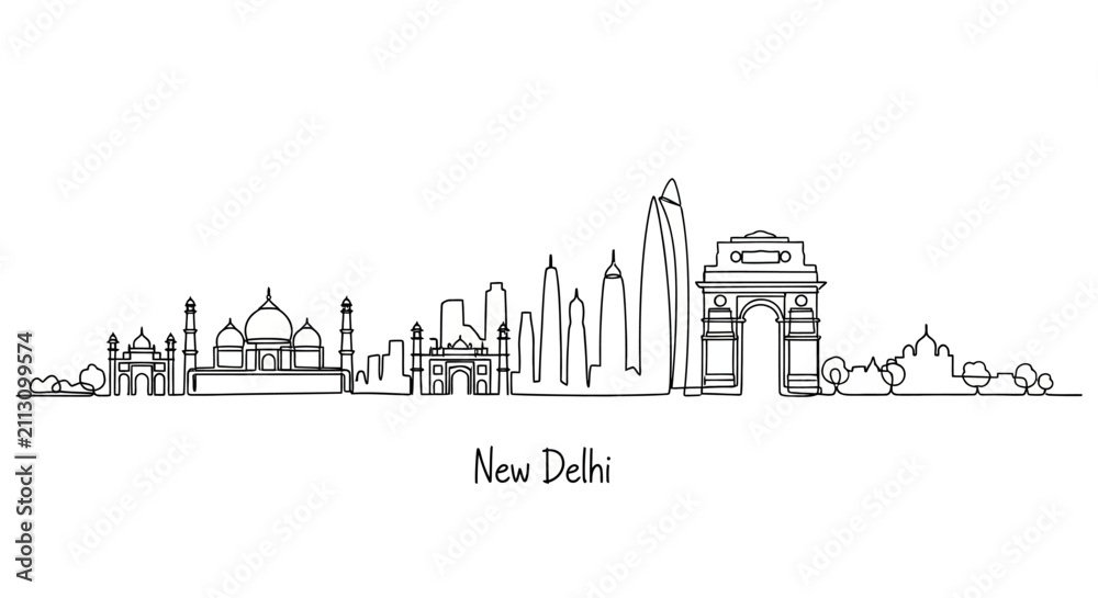 Obraz premium New Delhi Skyline Silhouette - Iconic Landmarks in Line Art