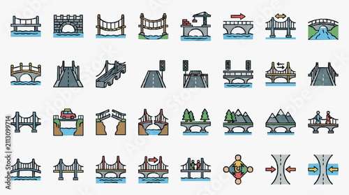 Bild auf Leinwand Industrial Flat Set of Various Bridge Types and Traffic Signs with People and Ve