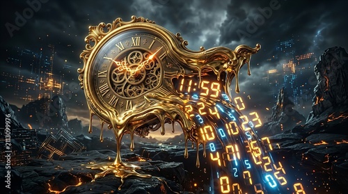 Surreal Melting Golden Clock with Digital Time Flow in Futuristic Landscape