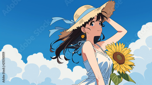 大きなひまわりを背景にした笑顔の女性イラスト