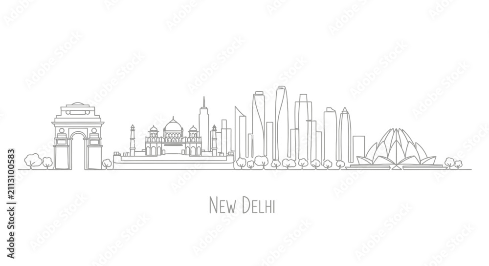Obraz premium New Delhi Skyline Cityscape: India Gate, Lotus Temple, Modern Buildings