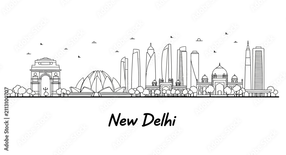 Fototapeta premium New Delhi Skyline Line Art - India Gate, Lotus Temple, Modern Buildings & Architecture