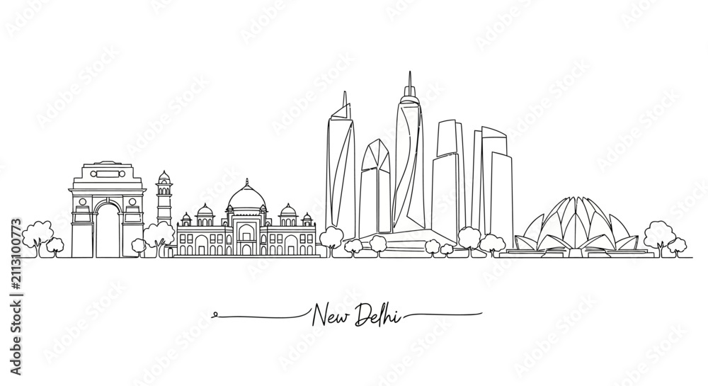 Fototapeta premium New Delhi skyline line art, iconic landmarks, modern & historic architecture