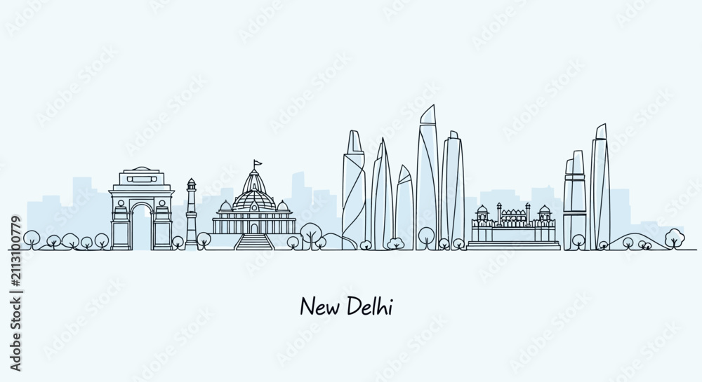 Fototapeta premium New Delhi Skyline: Modern Architecture & Historic Monuments | Minimalist Illustration