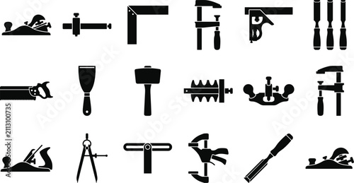 Fotografía Carpentry woodworking black vector icons featuring saw hand plane mallet chisel