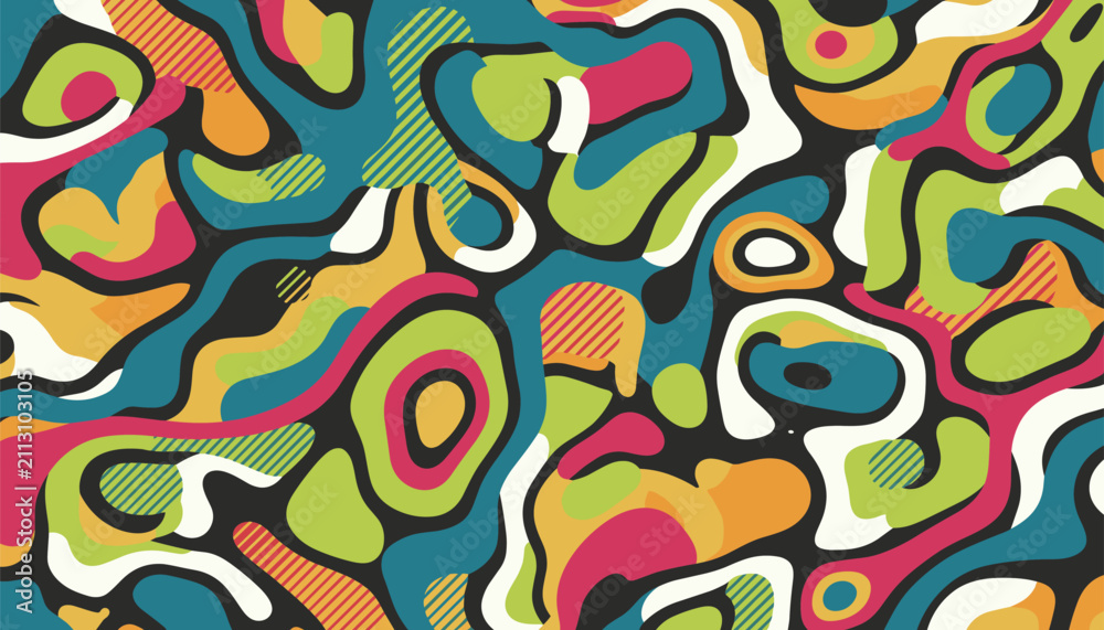 Naklejka premium Vibrant abstract camouflage pattern featuring organic shapes and flowing liquid forms in green, blue, yellow, and red colors.