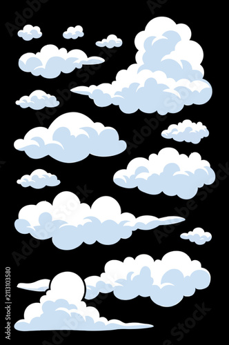 Set of white fluffy cartoon clouds vector illustration
