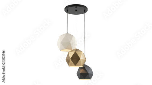 Modern geometric pendant light fixture with three hanging lamps isolated on transparent background