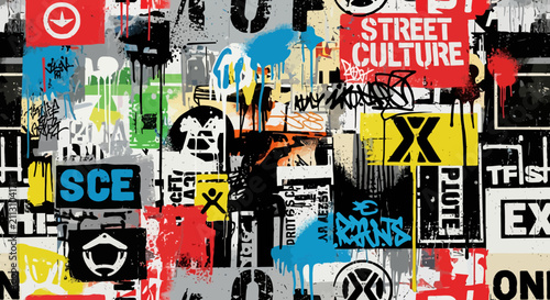 Konstfotografi Urban street culture graffiti collage with posters.