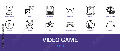 Fotografie Set of 12 outline web Video Game icons such as virtual reality, main menu, gamin