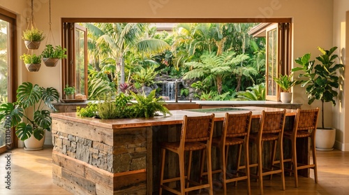 Luxury tropical kitchen island with open window view of lush garden and waterfall