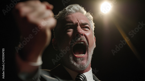 An older man in a suit screams with a clenched fist under a spotlight. Conceptual symbol of political activism, protest, and fiery leadership.