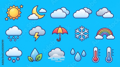 Set of colorful weather forecast icons for meteorological design with forecast